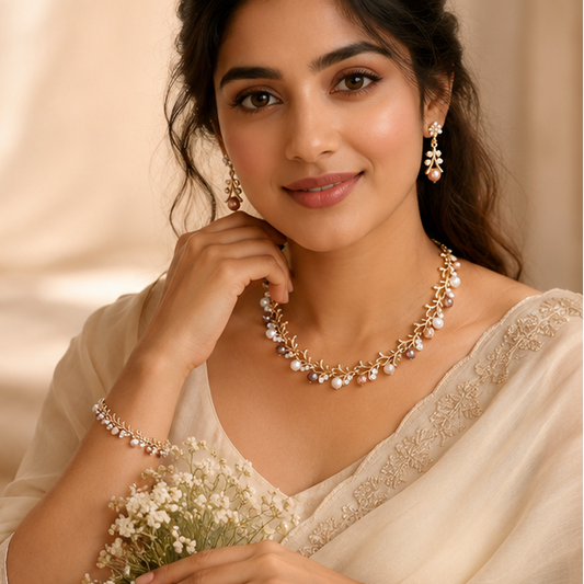 Pearl necklace and earrings set styled with lehenga for women at JeevaFashions