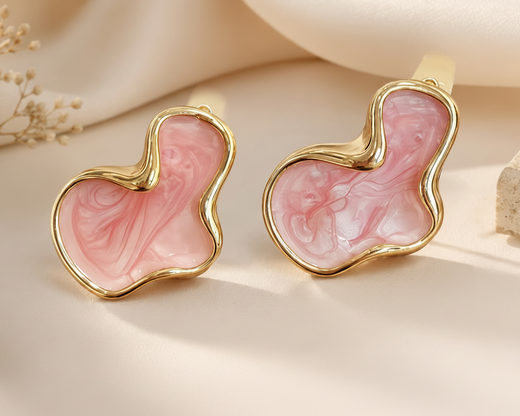 Pink abstract marbled stud earrings gold tone for women JeevaFashions