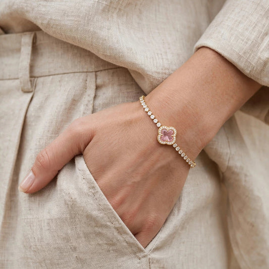 Pink clover CZ bracelet detail shot for women JeevaFashions