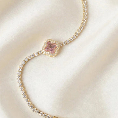 Pink clover CZ tennis bracelet gold plated for women JeevaFashions
