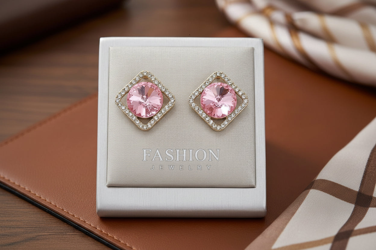 Pink crystal diamond frame stud earrings gold CZ for women JeevaFashions