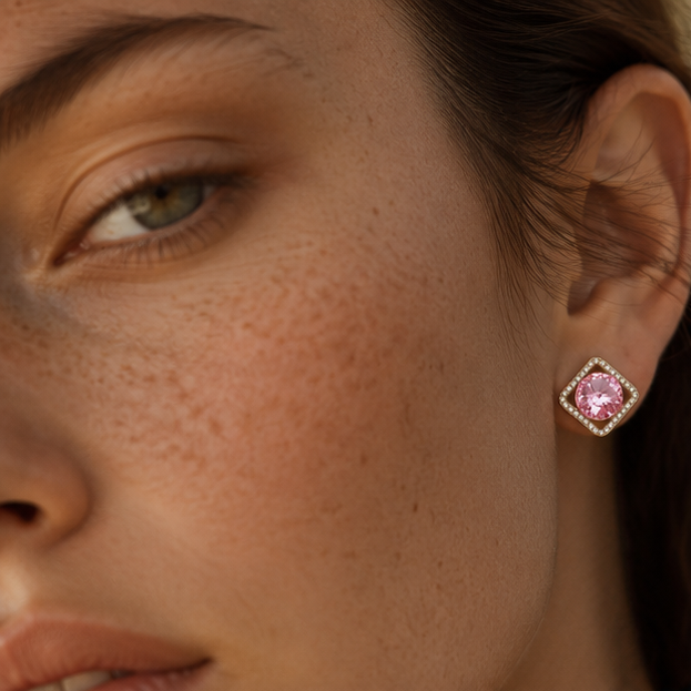 Gold tone pink crystal earrings closeup for women JeevaFashions