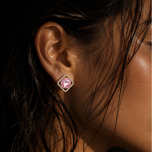 Pink crystal diamond frame earrings styled for festive occasion JeevaFashions