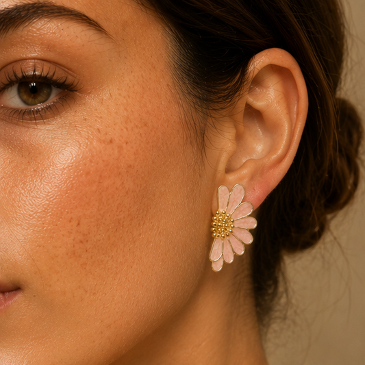 Gold tone pink daisy earrings closeup for women JeevaFashions