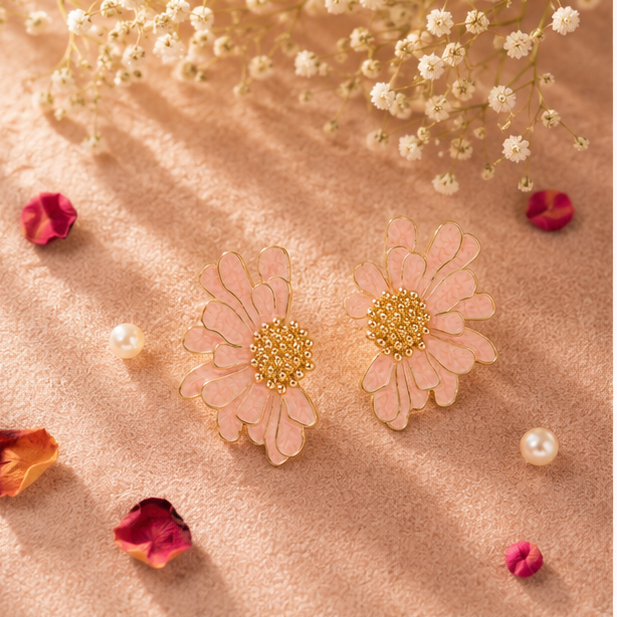 Pink daisy flower earrings styled for festive occasion JeevaFashions