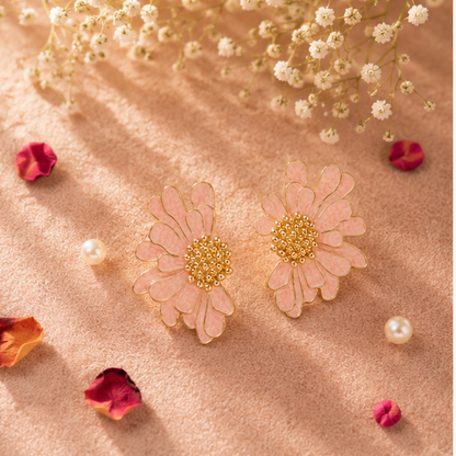 Pink daisy flower earrings styled for festive occasion JeevaFashions