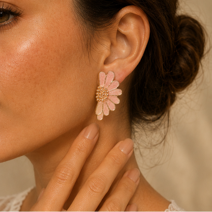 Pink daisy flower earrings with textured gold centre JeevaFashions