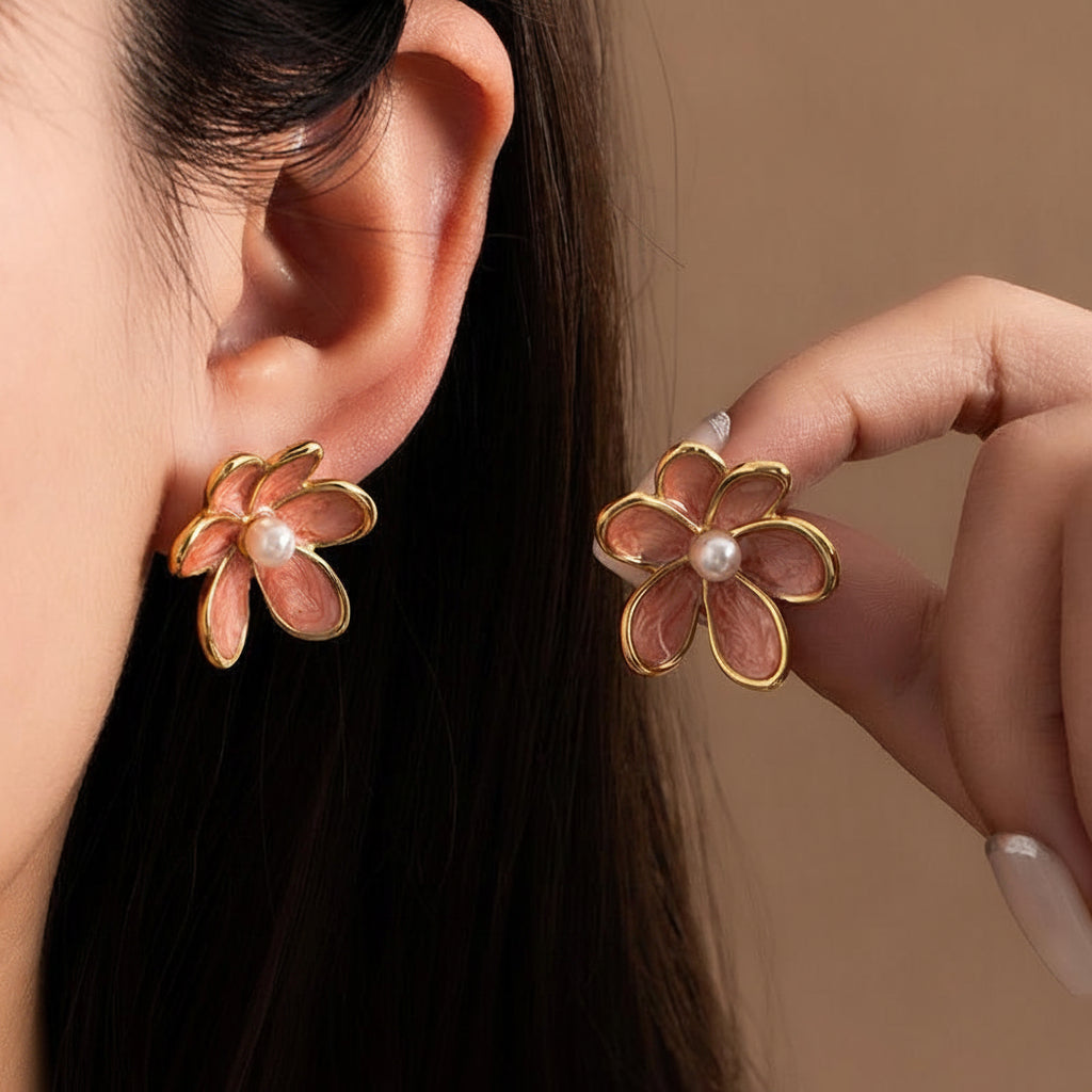 Gold tone pink flower pearl earrings closeup JeevaFashions