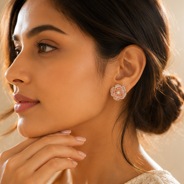 Pink rose flower earrings styled for festive occasion JeevaFashions