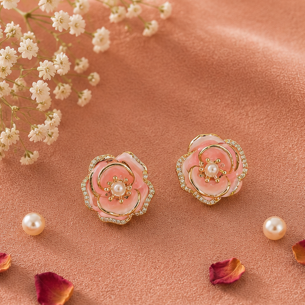 Pink rose flower earrings for weddings and sangeet JeevaFashions