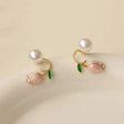Pink tulip and pearl stud earrings in gold tone for women – lightweight floral daily wear stud earrings with enamel leaf detail