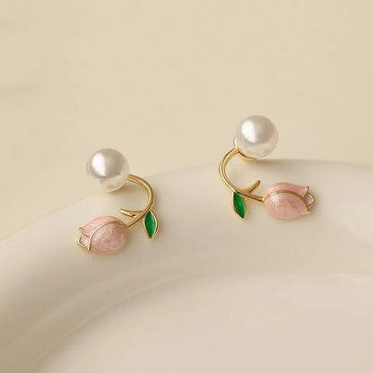 Pink tulip and pearl stud earrings in gold tone for women – lightweight floral daily wear stud earrings with enamel leaf detail