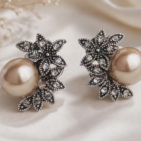 Pearl stud earrings with crystal floral design – vintage leverback earrings for daily wear – JeevaFashions