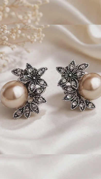 Pearl stud earrings with crystal floral design – vintage leverback earrings for daily wear – JeevaFashions