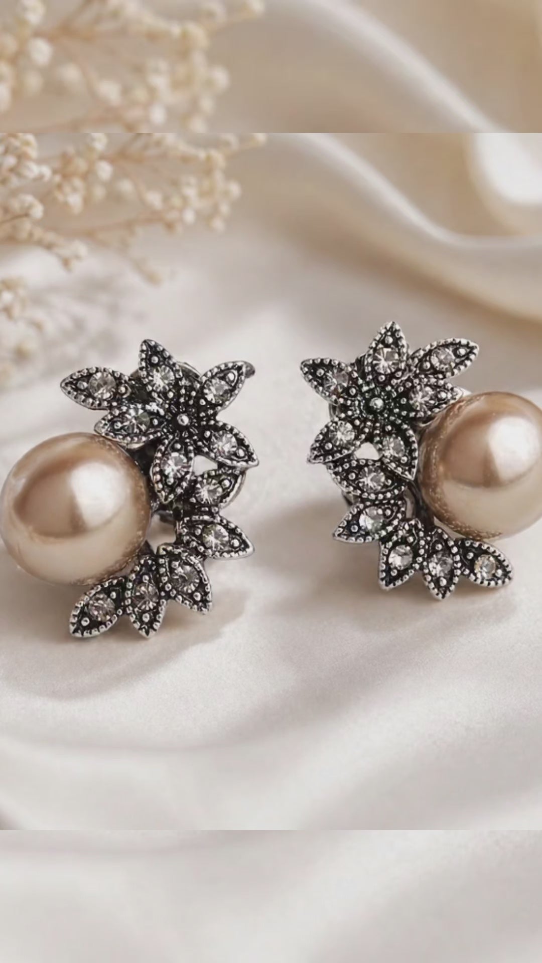 Pearl stud earrings with crystal floral design – vintage leverback earrings for daily wear – JeevaFashions