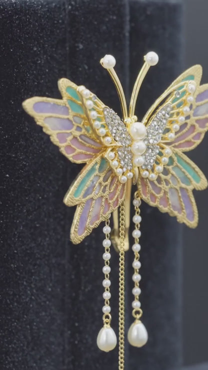 Pearl crystal butterfly hair clip gold wire party wear for women – bridal and festive occasions