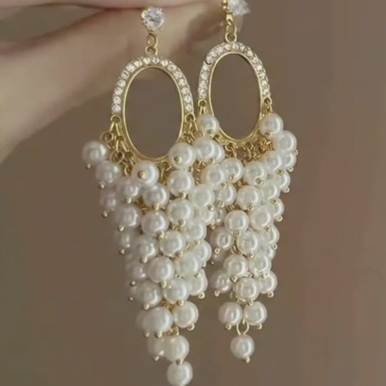 Pearl hoop earrings with cascading cluster drop – gold tone party wear earrings for Indian weddings and festive occasions – JeevaFashions