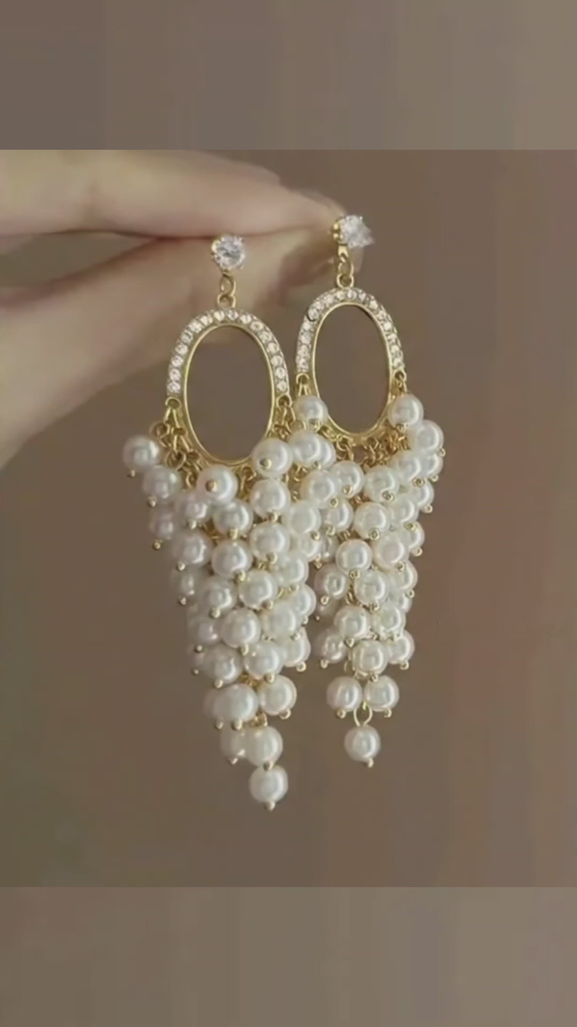 Pearl hoop earrings with cascading cluster drop – gold tone party wear earrings for Indian weddings and festive occasions – JeevaFashions