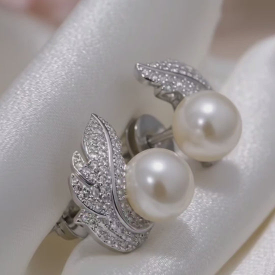 feather pearl stud earrings with rhinestone inlay – 925 sterling silver daily wear earrings – JeevaFashions