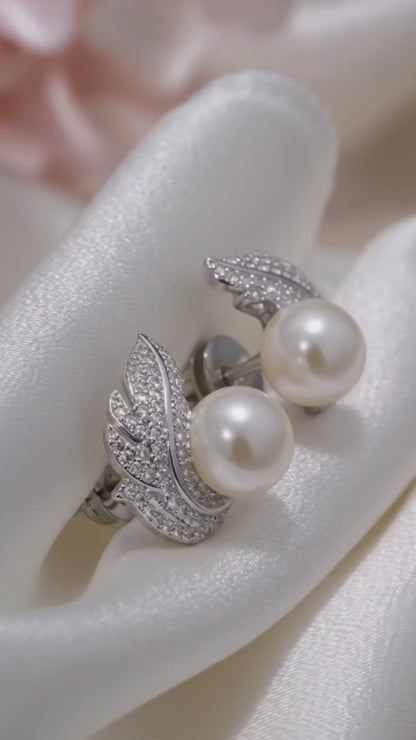 feather pearl stud earrings with rhinestone inlay – 925 sterling silver daily wear earrings – JeevaFashions