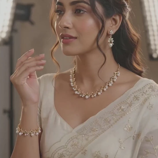 Faux pearl jewellery set necklace earrings bracelet gold tone for women – wedding and festive wear