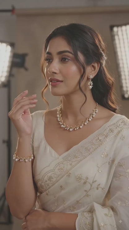 Faux pearl jewellery set necklace earrings bracelet gold tone for women – wedding and festive wear