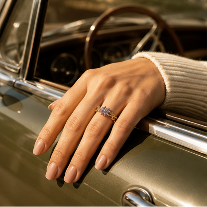 Purple floral crystal ring side view detail JeevaFashions