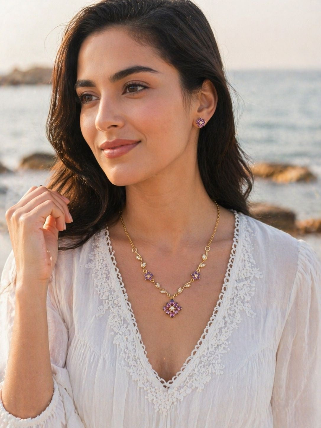 purple floral pendant necklace for women - Jeevafashions