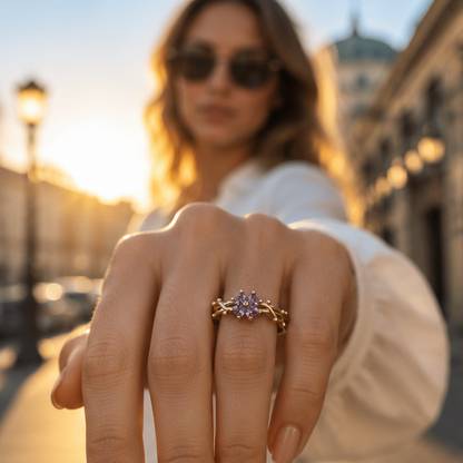 Purple floral ring close up amethyst-hued crystal JeevaFashions