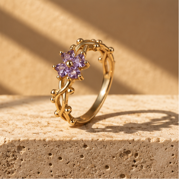 Purple floral ring for women gold vine adjustable crystal JeevaFashions