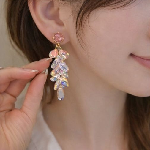 Side view of rainbow crystal cascade drop earrings in gold tone – lightweight 14g party wear earrings for women