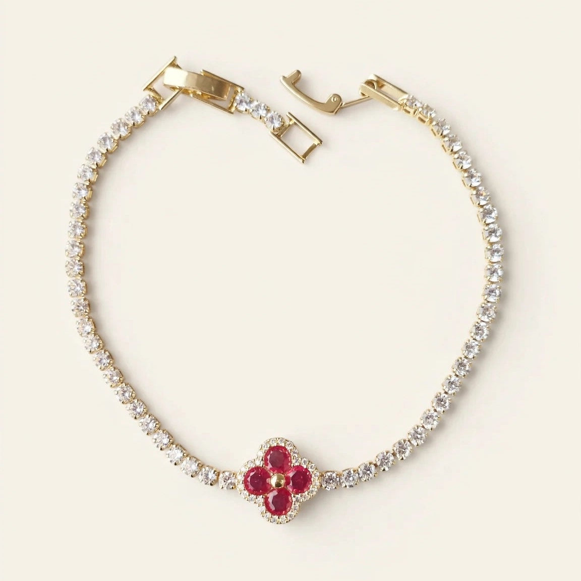Red clover CZ bracelet flat lay for women JeevaFashions