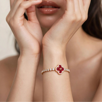 Red clover motif close up on gold bracelet for women JeevaFashions