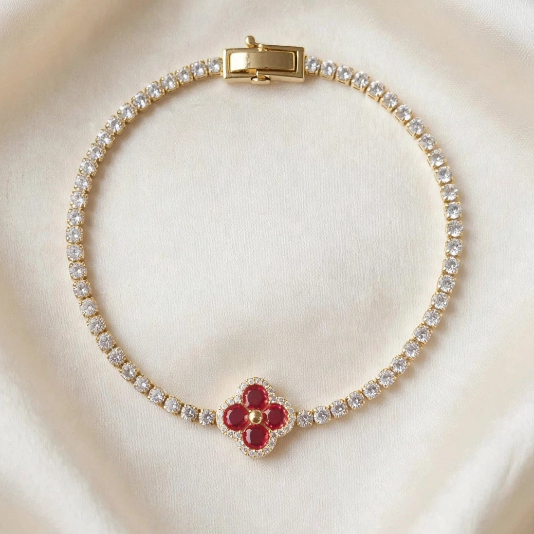 Gold plated red clover tennis bracelet editorial shot for women JeevaFashions