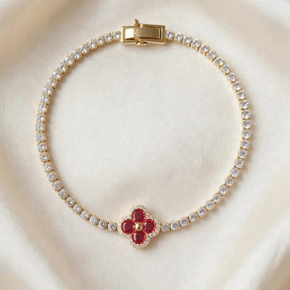 Gold plated red clover tennis bracelet editorial shot for women JeevaFashions