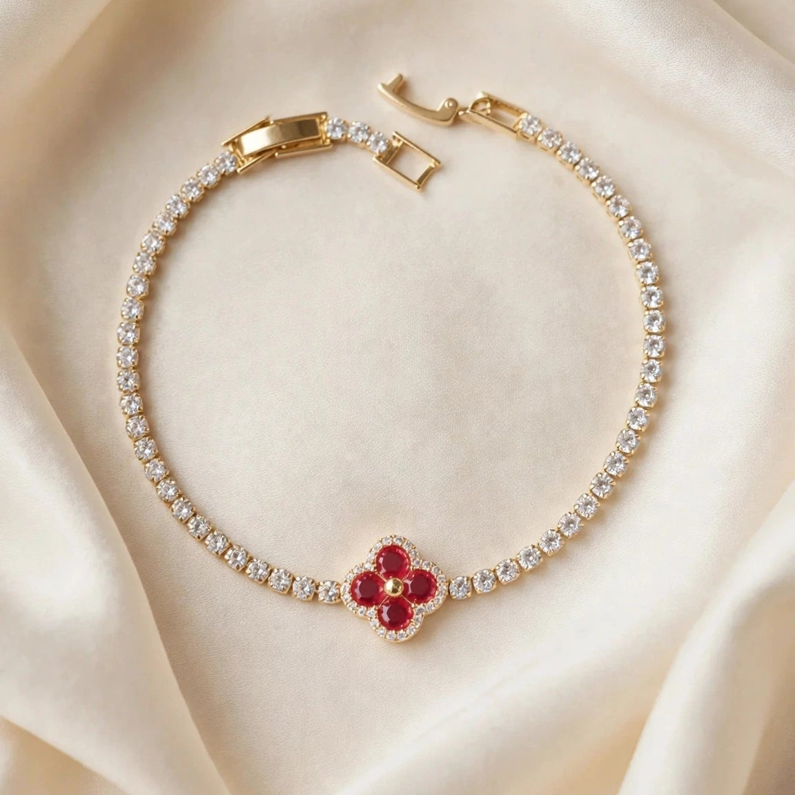 Red clover CZ tennis bracelet gold plated for women JeevaFashions