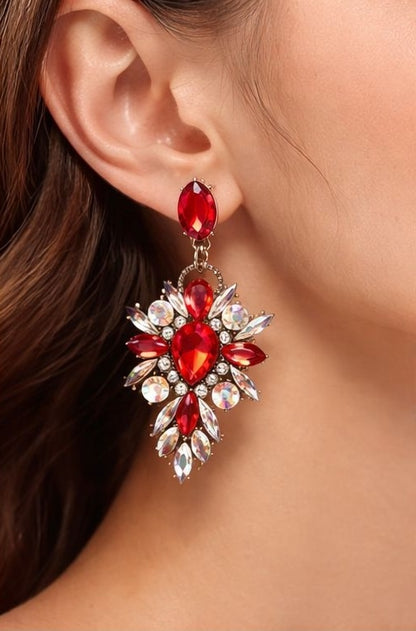 Red rhinestone statement earrings styled for parties JeevaFashions