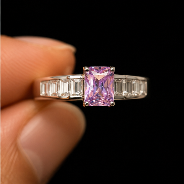 Amethyst baguette ring rhodium plated for women at JeevaFashions