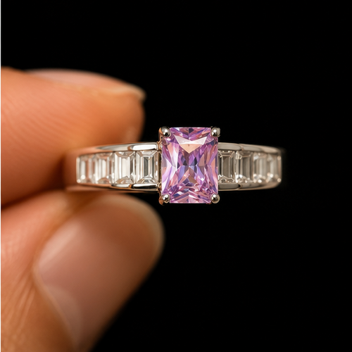 Amethyst baguette ring rhodium plated for women at JeevaFashions