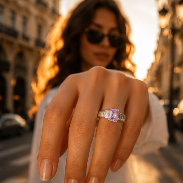 Amethyst baguette ring rhodium plated for women at JeevaFashions