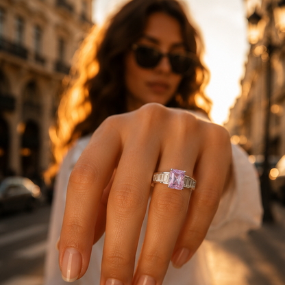 Amethyst baguette ring rhodium plated for women at JeevaFashions