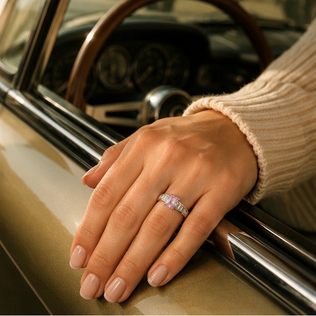 Amethyst baguette ring rhodium plated for women at JeevaFashions