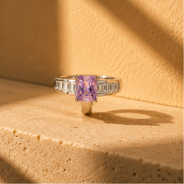 Amethyst baguette ring rhodium plated for women at JeevaFashions