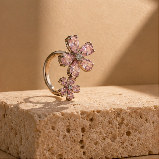 Double blossom floral ring rhodium plated for women at JeevaFashions