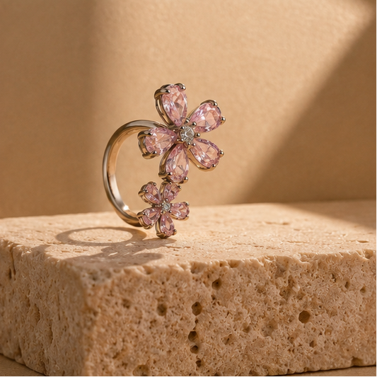 Double blossom floral ring rhodium plated for women at JeevaFashions