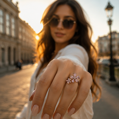 Double blossom floral ring rhodium plated for women at JeevaFashions