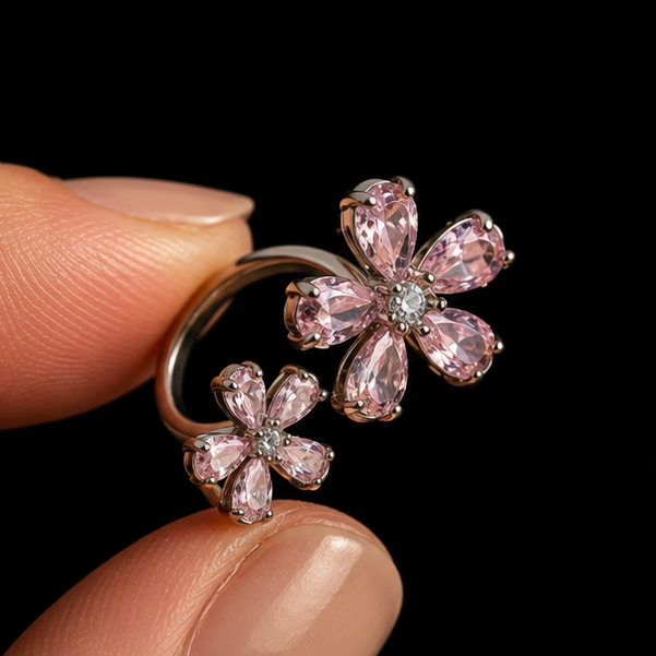 Double blossom floral ring rhodium plated for women at JeevaFashions