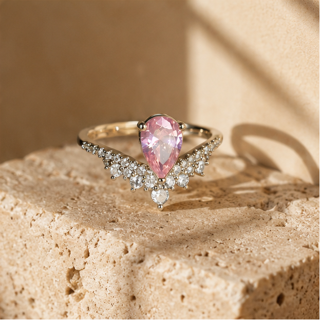 Pear pink CZ cocktail ring close up, rhodium plated, party wear for women at JeevaFashions