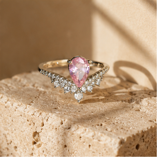 Pear pink CZ cocktail ring close up, rhodium plated, party wear for women at JeevaFashions