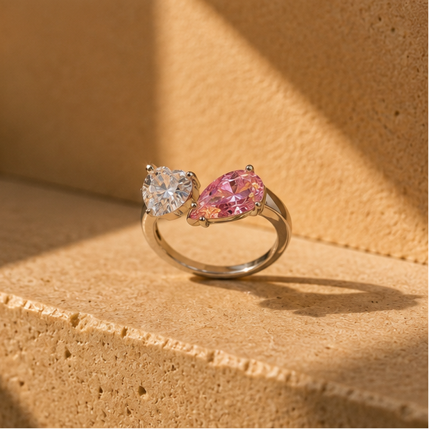Toi et moi heart and pear ring rhodium plated for women at JeevaFashions